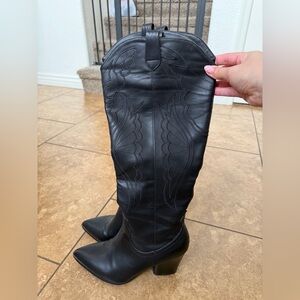 Black Embroidered Western Knee-High Boots